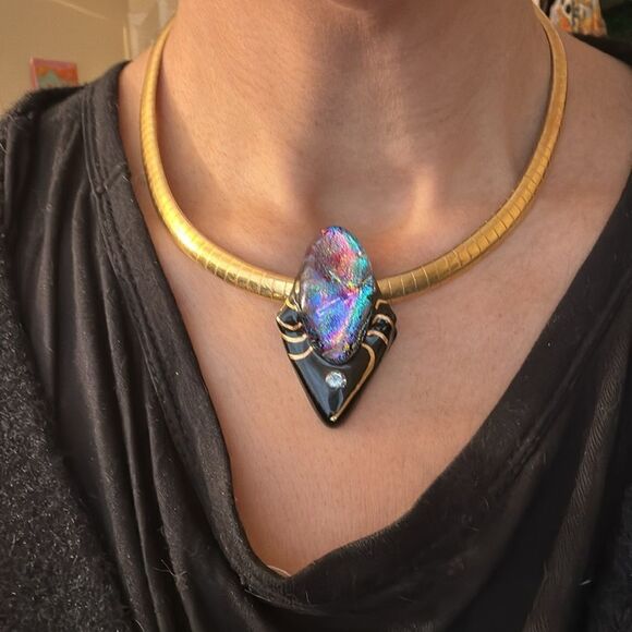 Vintage 70s Dichroic Glass Pendant Snakechain Gold Link Runway Necklace - Picture 2 of 4